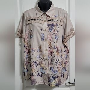 💲1️⃣ NWOT SHEIN Pale Blush Pink Floral Button-Down Short Slv Shirt Lace Sz XXL